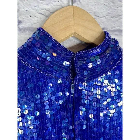 SCARLET RAGE Women's Vintage Blue Sequin Silk High Neck Sheath Dress Large - Picture 7 of 8